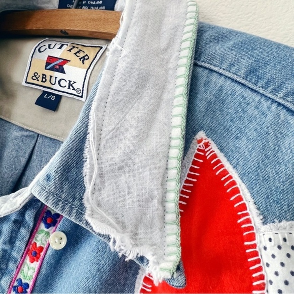 Distressed Patchwork Long Sleeve Denim Shirt Gree… - image 7